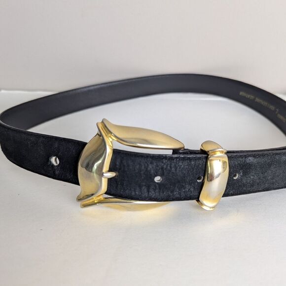 Women's vintage black suede belt gold hardware Toledano size L - Picture 1 of 6